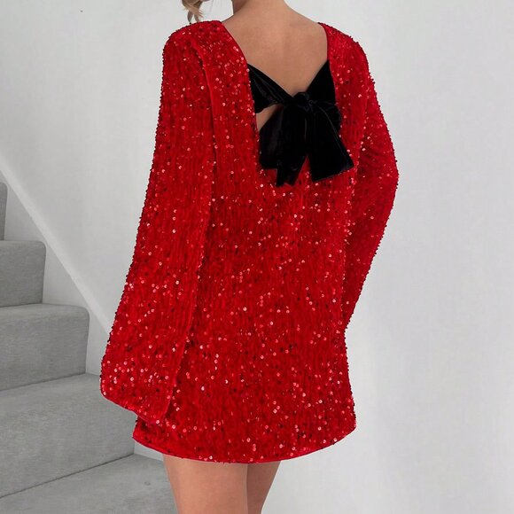 Red Party Women's Sequin Embellished Round Neck Long Sleeve Mini Dress - Picture 2 of 6